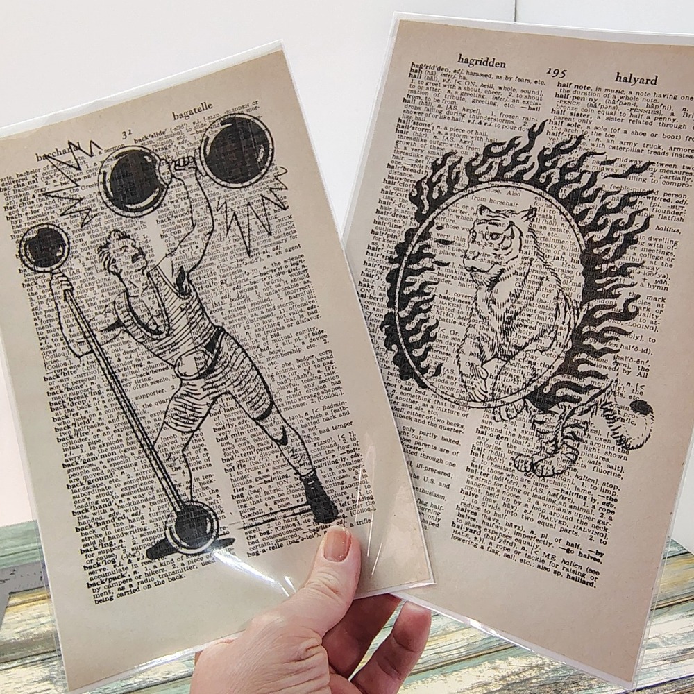 Circus Acts Strongman Tiger Hoop Vintage Dictionary Page Decor Carnival Set of 2